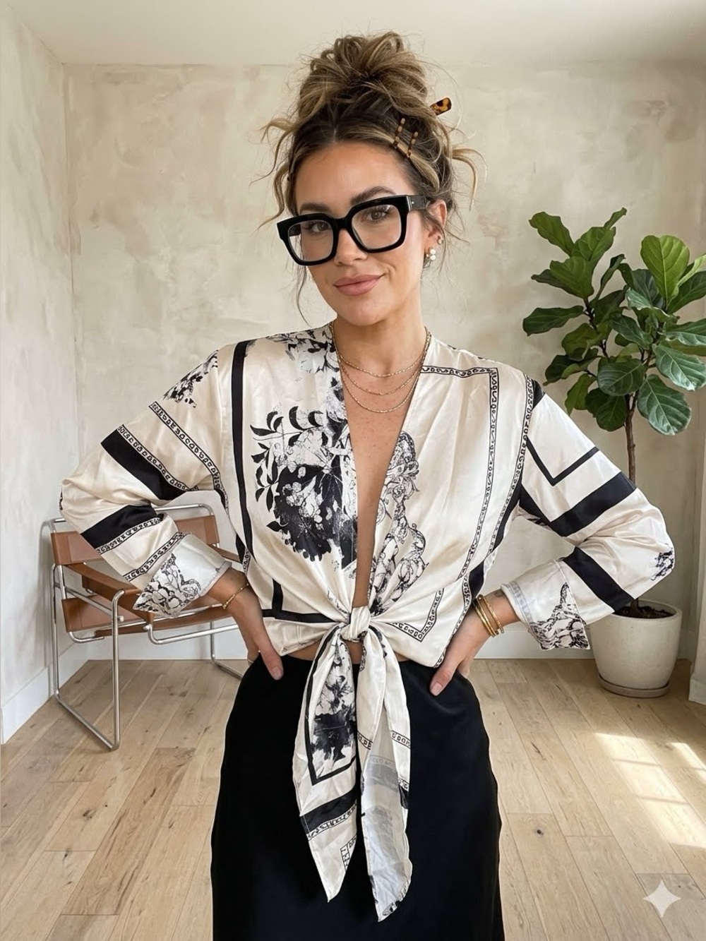 Silky Satin-Like Black & Ivory Tie-Front Long Sleeve Blouse Size S NWOT